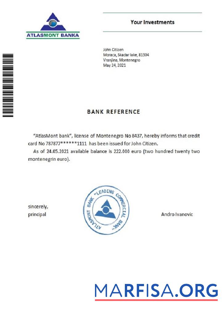 Printable Montenegro Atlasmont bank reference example